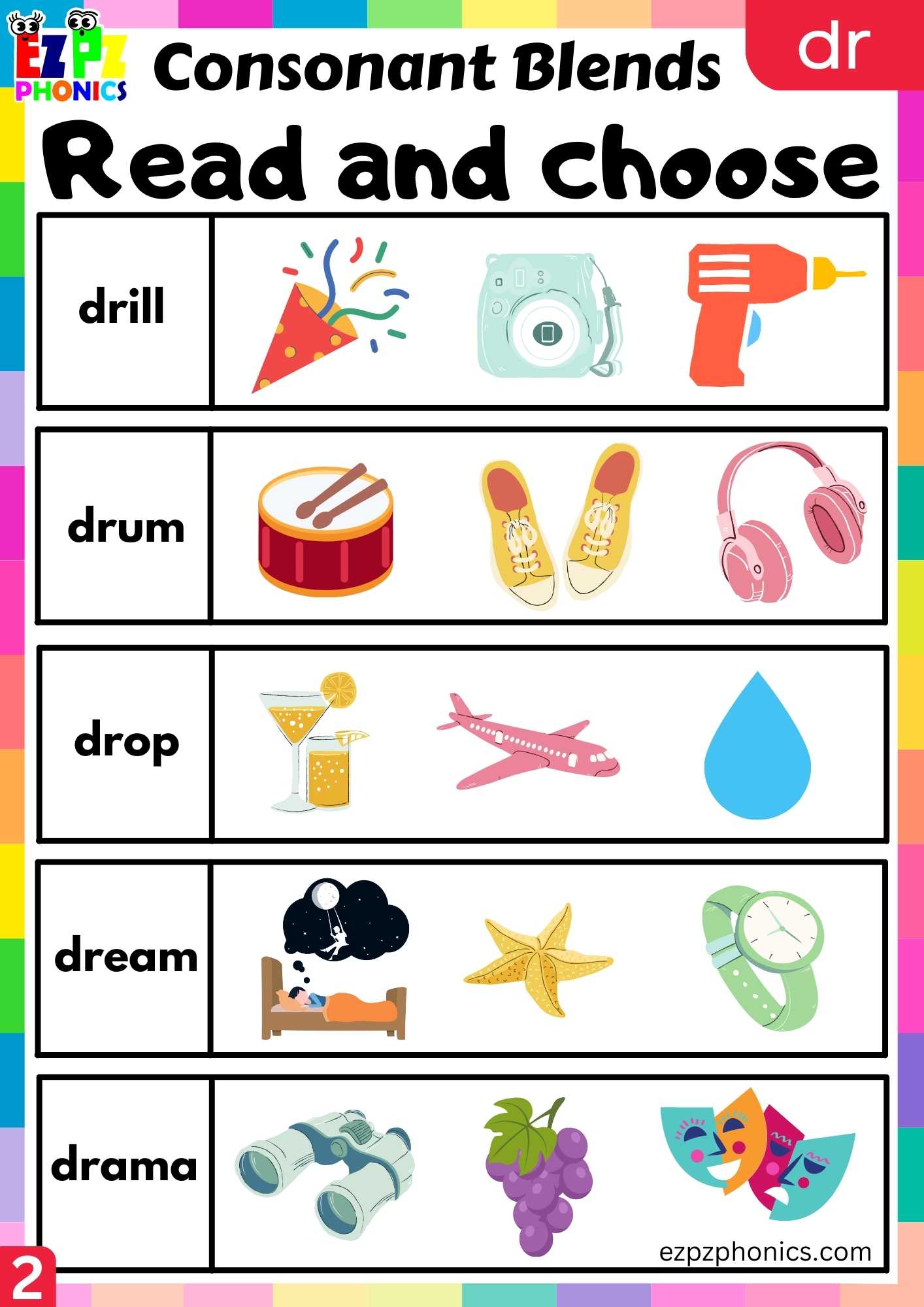 Group2 DR Words Read And Choose Phonics Consonant Blends Worksheet